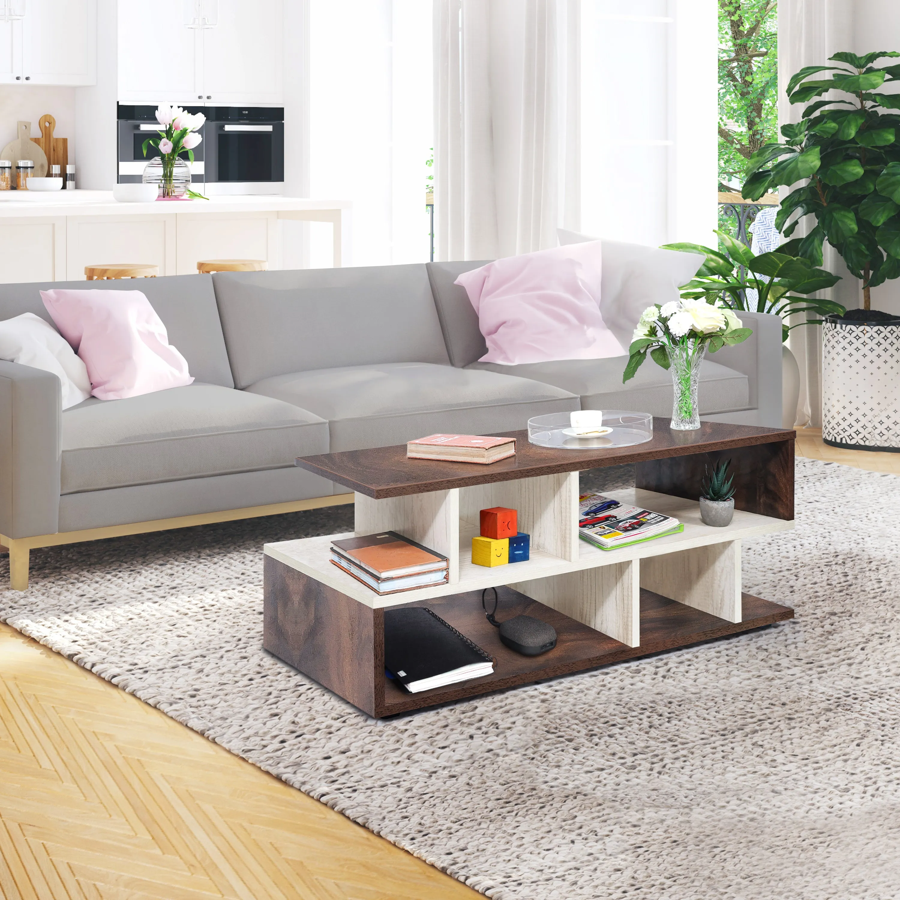 ABOUT SPACE Wooden Coffee Table - Tea Poyee Table with Storage (Walnut - L 100 x B 40 x H 39 cm)
