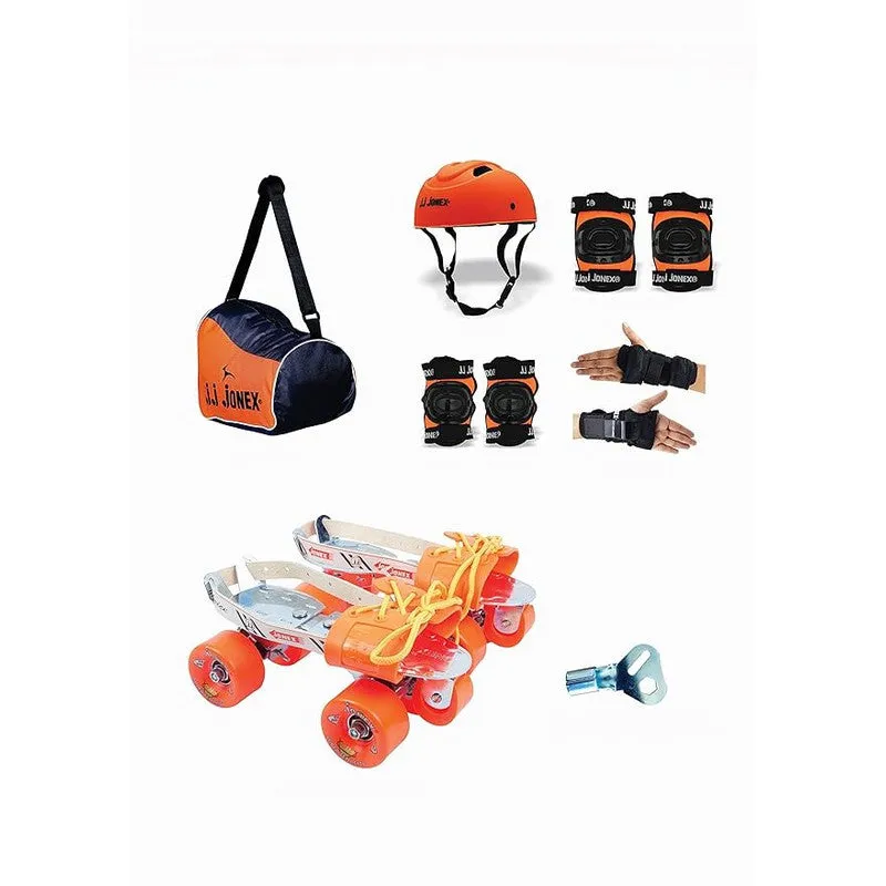 JJ Jonex Super Tenacity Adjustable Skates Combo (Skates   Helmet   Knee pad   Elbow pad   Skates Gloves   Key   Bag) (MYC) | Medium | Orange |  6-11 Years