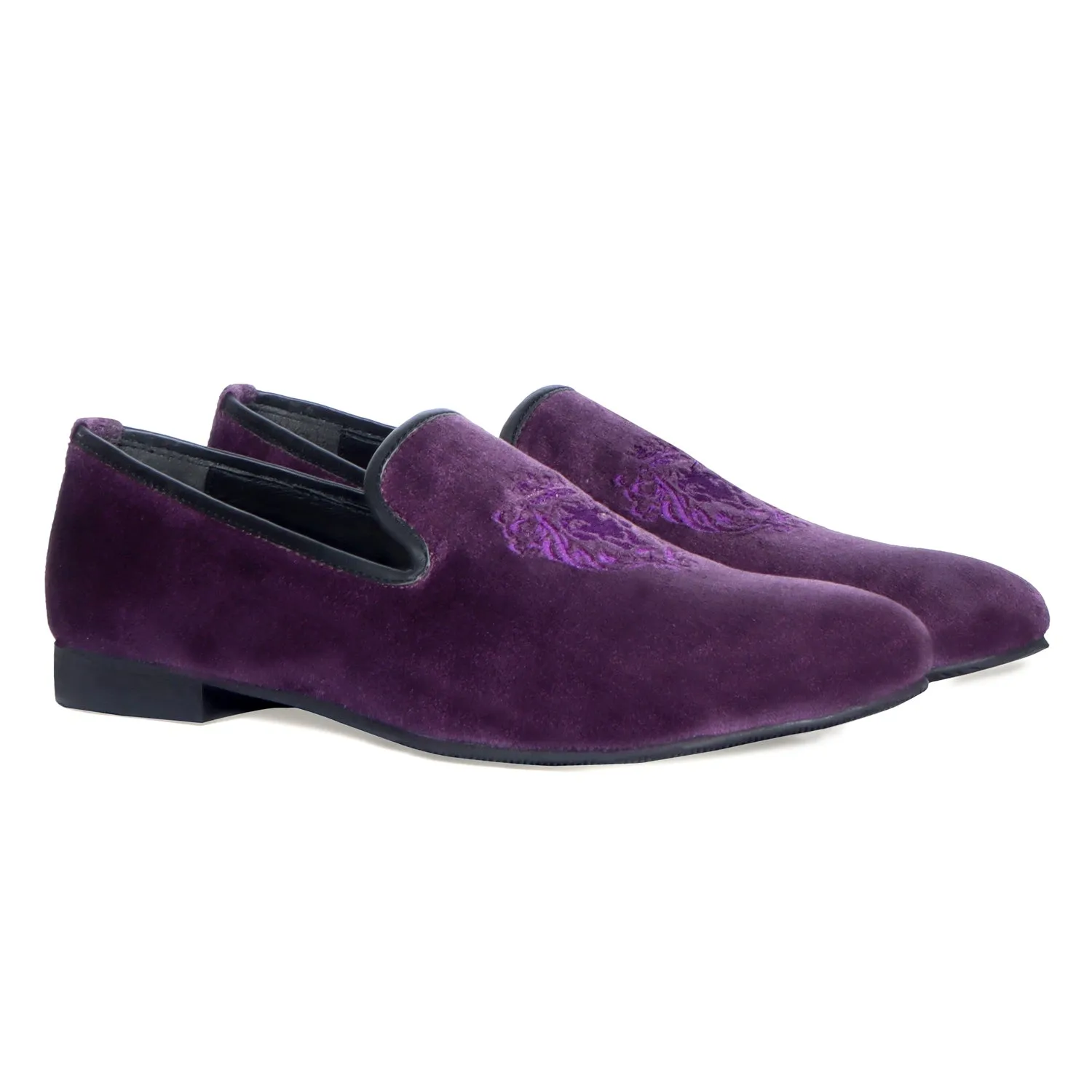 Men's Lion King Embroidery Purple Italian Velvet Slip-On Shoes By Brune & Bareskin