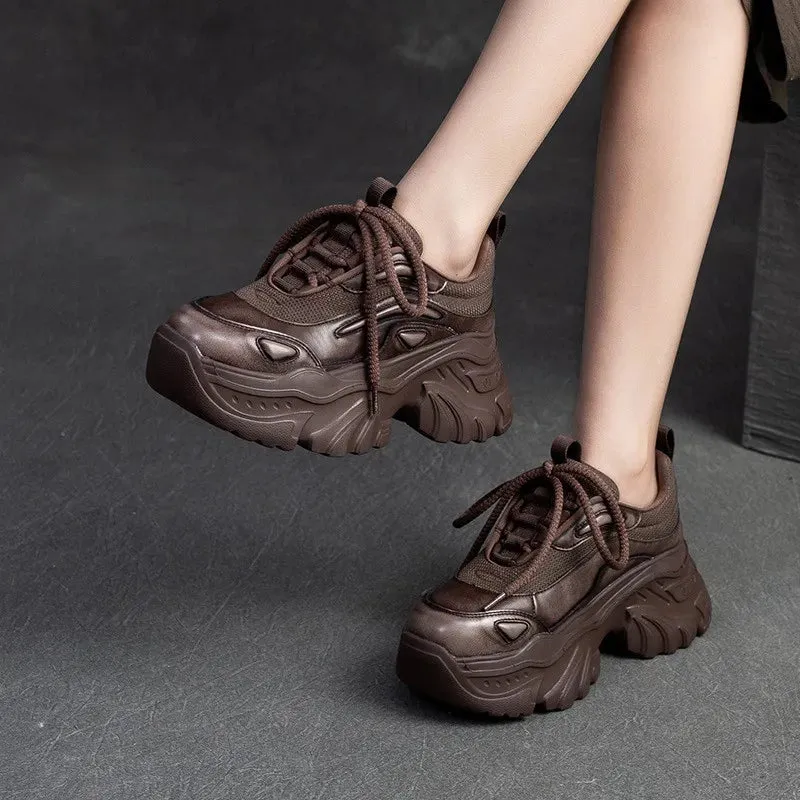 TSS114 Women's Casual Shoes - Heightened Sneakers - Leather, Thick Sole Footwear